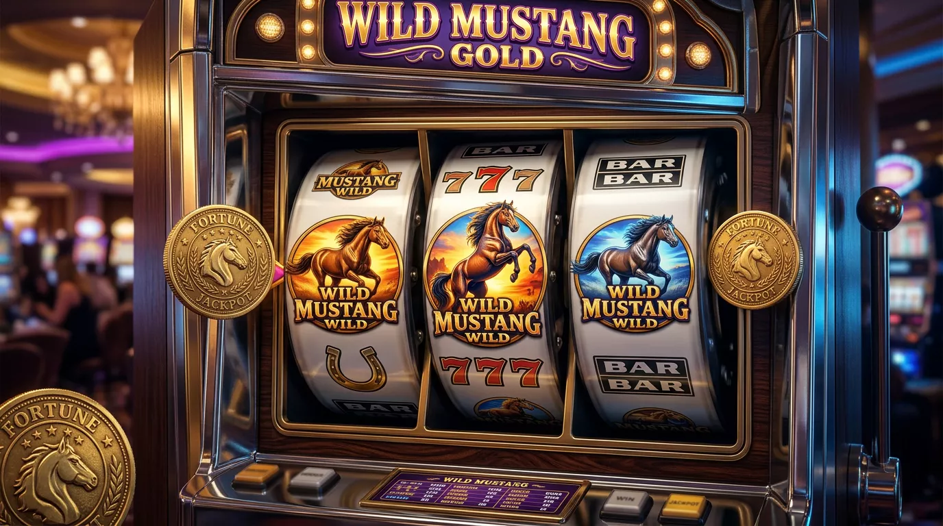 Rodillos de tragamonedas Ainsworth con simbolos de caballos salvajes y monedas doradas en ambiente de casino