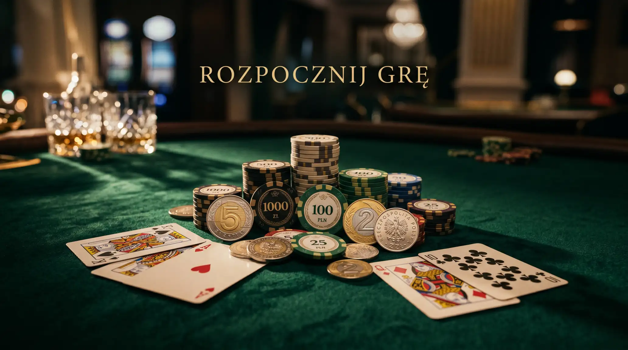 Zestaw do gry w kasynie online z zetonami i kartami symbolizujacy niewielki depozyt 15 zlotych
