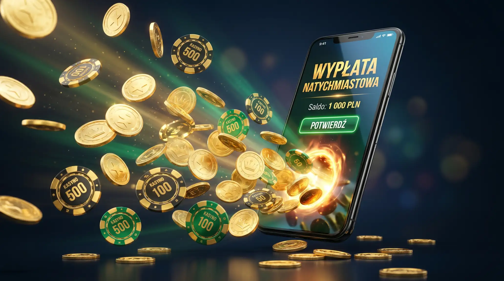 Szybkie wyplaty w kasynie online - zlote monety i zeton kasynowy na ciemnym tle z efektem swietlnym