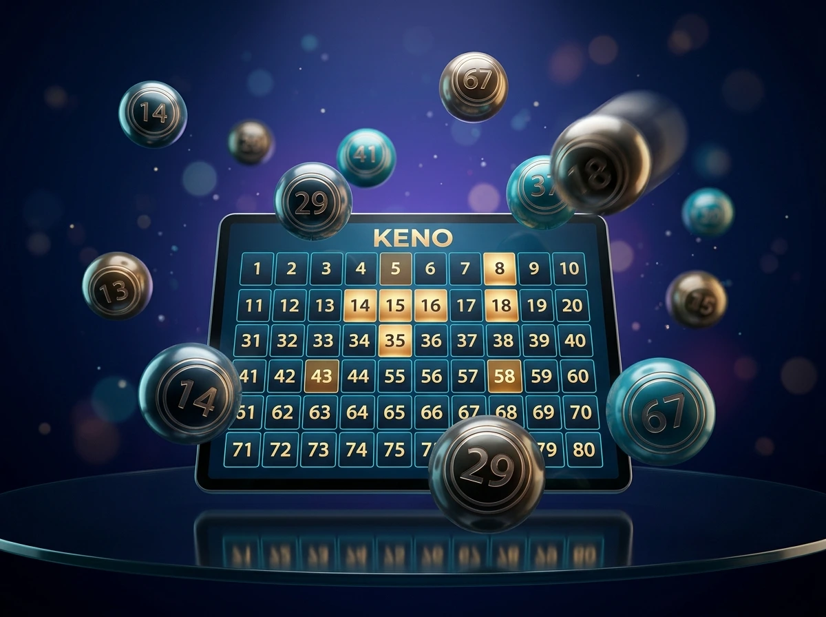 Keno speelveld met genummerde ballen en een digitaal kenokaart in een online casino-omgeving