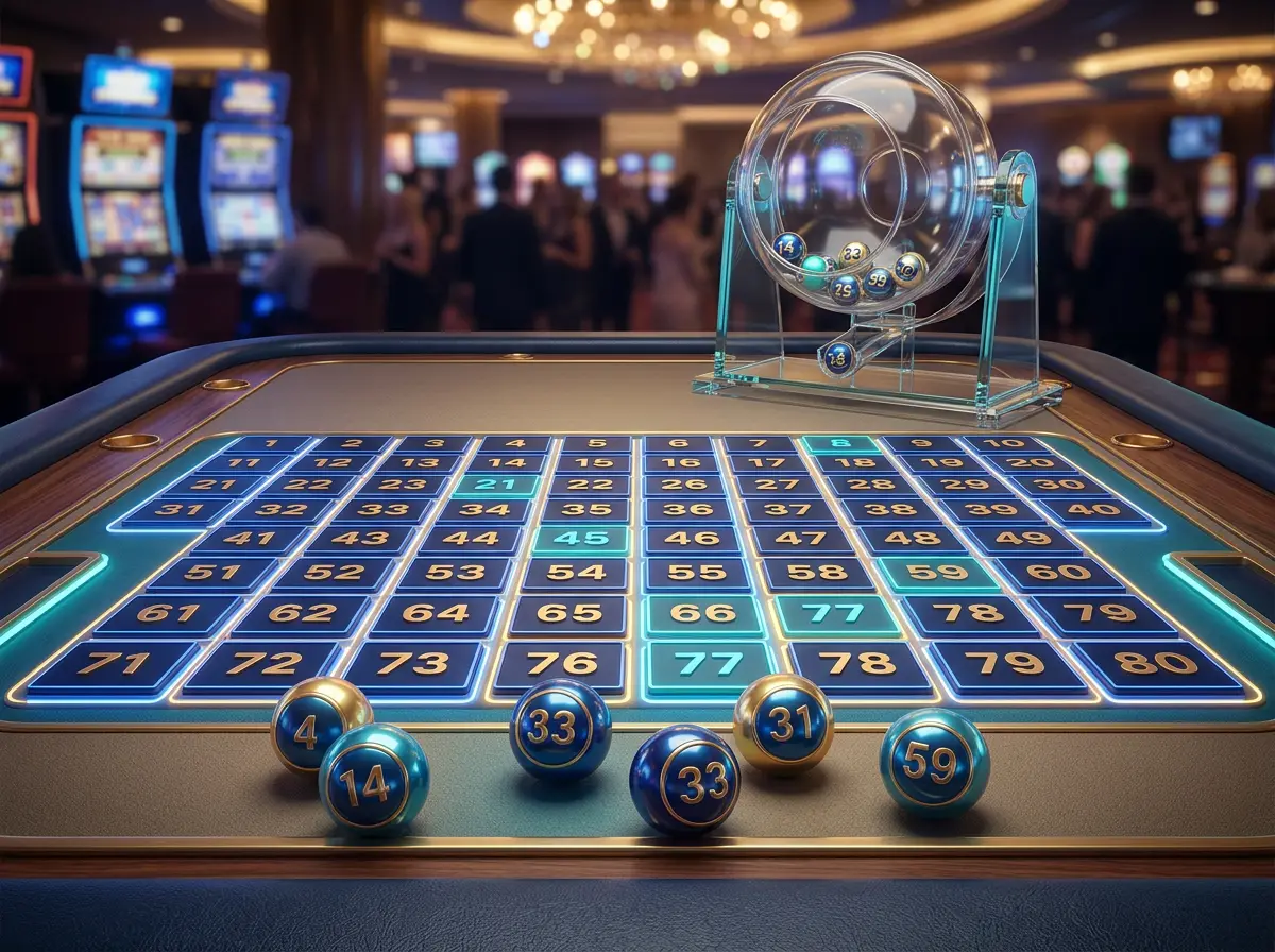 Glowing keno number board with highlighted drawn numbers in a dimly lit casino setting