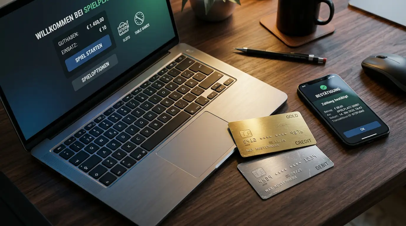 Kreditkarte neben einem Laptop mit geoeffnetem Online Casino - symbolische Darstellung der Kreditkartenzahlung im Internet