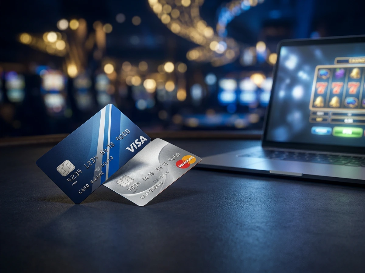 Kreditne karty Visa a MasterCard na stole vedla notebooku s online kasinom na obrazovke