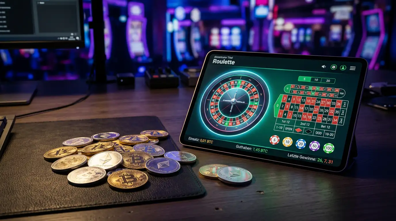 Bitcoin- und Ethereum-Muenzen neben einem Tablet mit Casino-Interface in einer atmosphaerischen Beleuchtung
