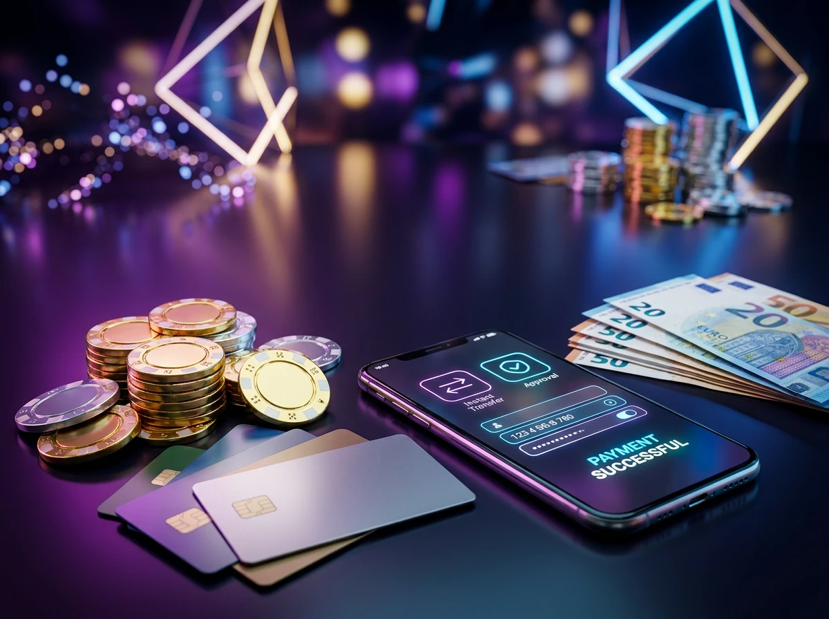 Fichas de casino douradas e cartoes de pagamento sobre mesa de jogo com iluminacao neon roxa e azul representando levantamentos rapidos