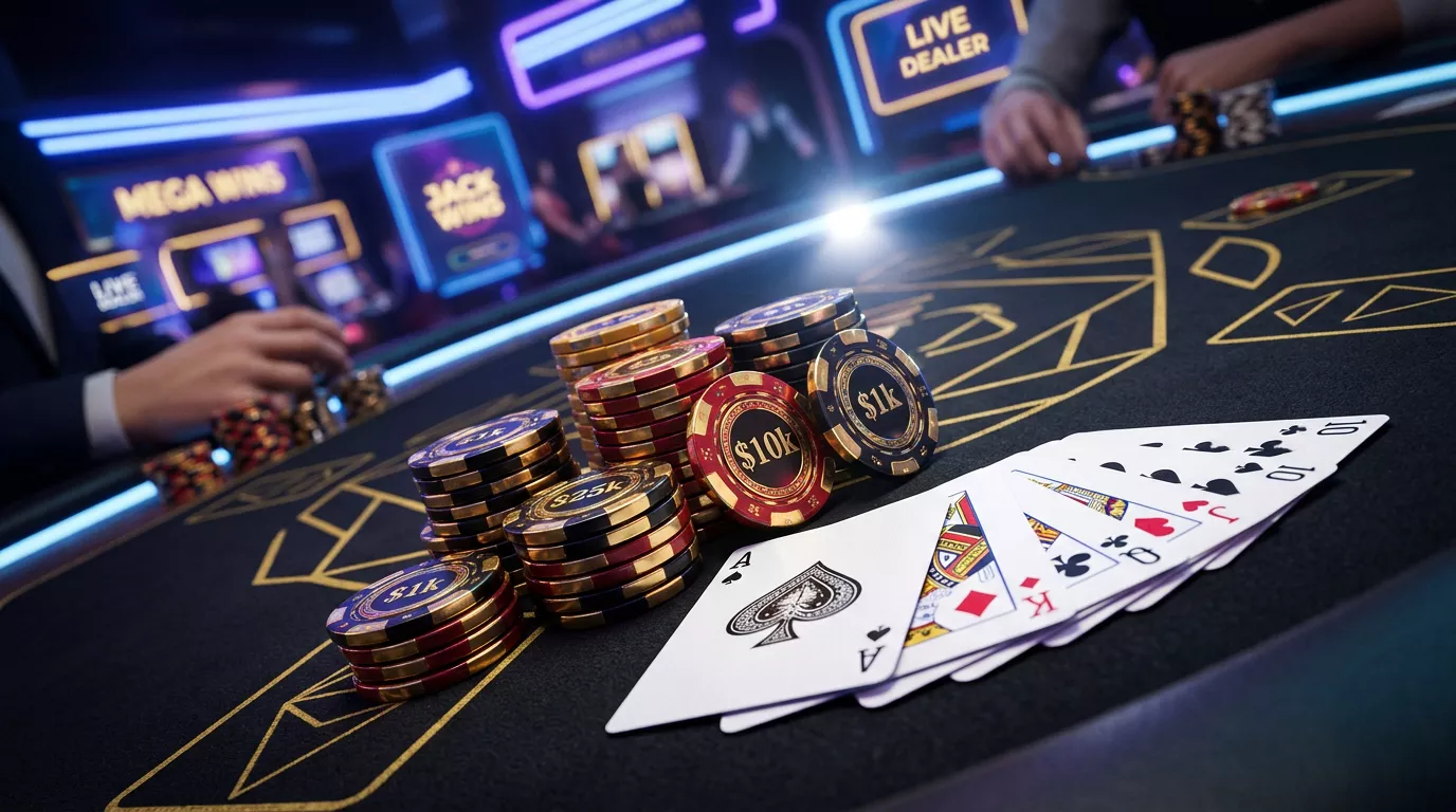 Mesa de casino en linea con fichas y cartas iluminadas con luces neon en tonos dorados y azules