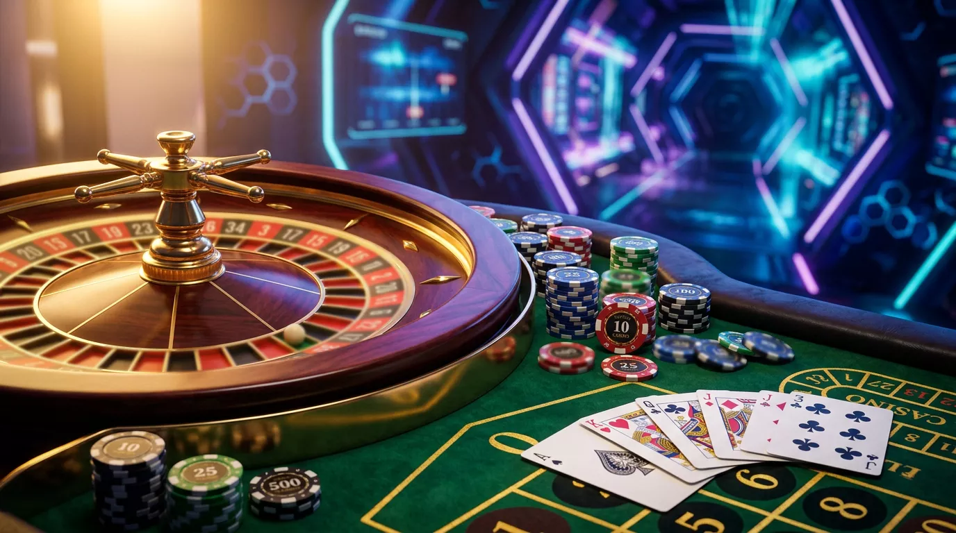 Mesa de casino en linea con fichas, cartas y ruleta en un entorno digital futurista con luces de neon