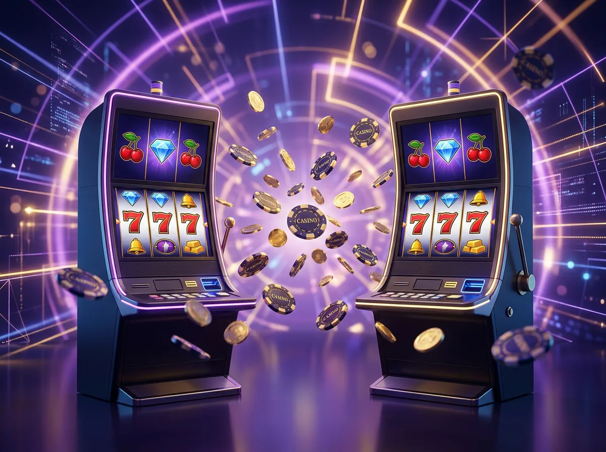Machines a sous en ligne avec rouleaux lumineux et jetons sur fond de casino numerique