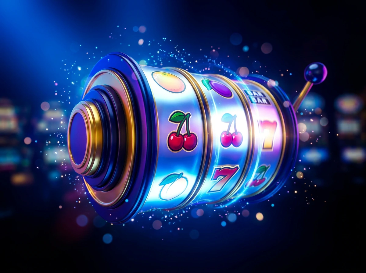 Rouleaux colores d'une machine a sous en ligne gratuite avec symboles lumineux sur fond sombre