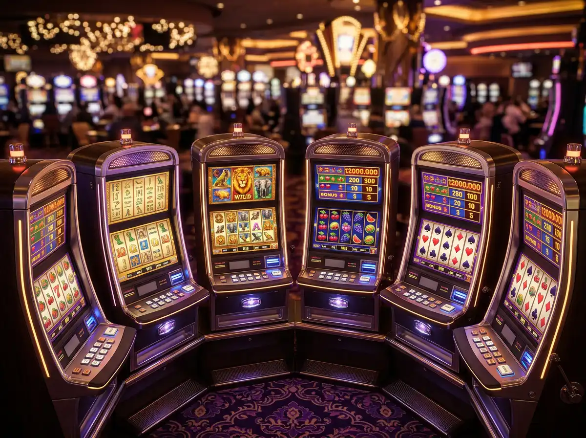 Machines a sous IGT dans un environnement de casino moderne avec des ecrans lumineux et des rouleaux en rotation