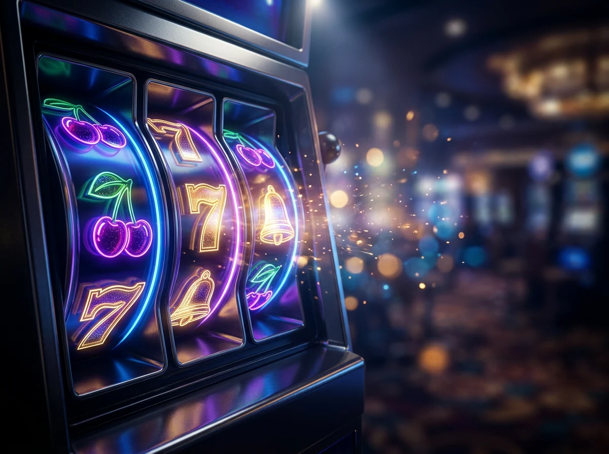 Rouleaux lumineux d'une machine a sous numerique dans une ambiance de casino moderne