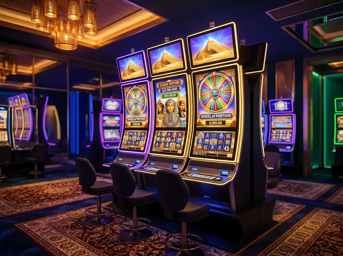 Maquinas de slot IGT num ambiente de casino moderno com iluminacao neon e ecras vibrantes