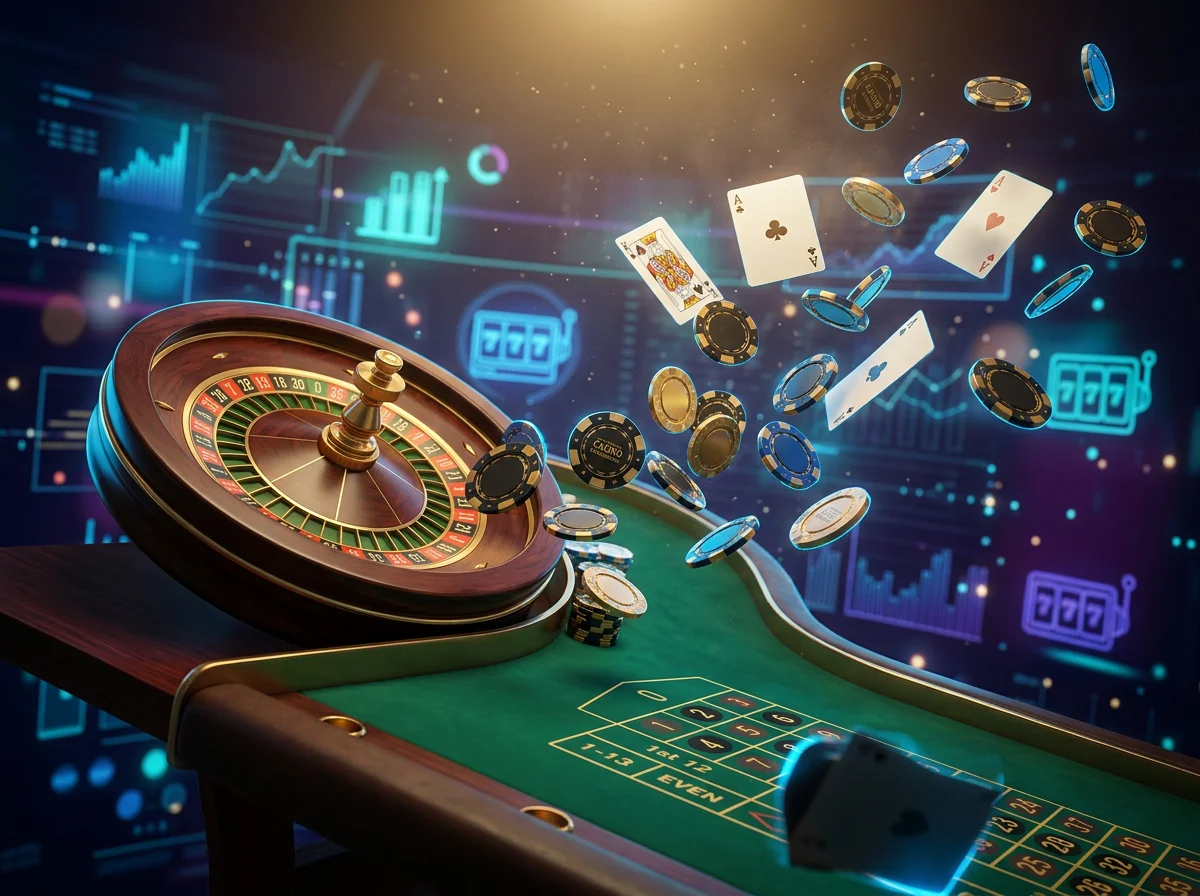 Vue d'ensemble d'une table de jeu de casino en ligne avec des jetons et des cartes sur fond d'interface numerique