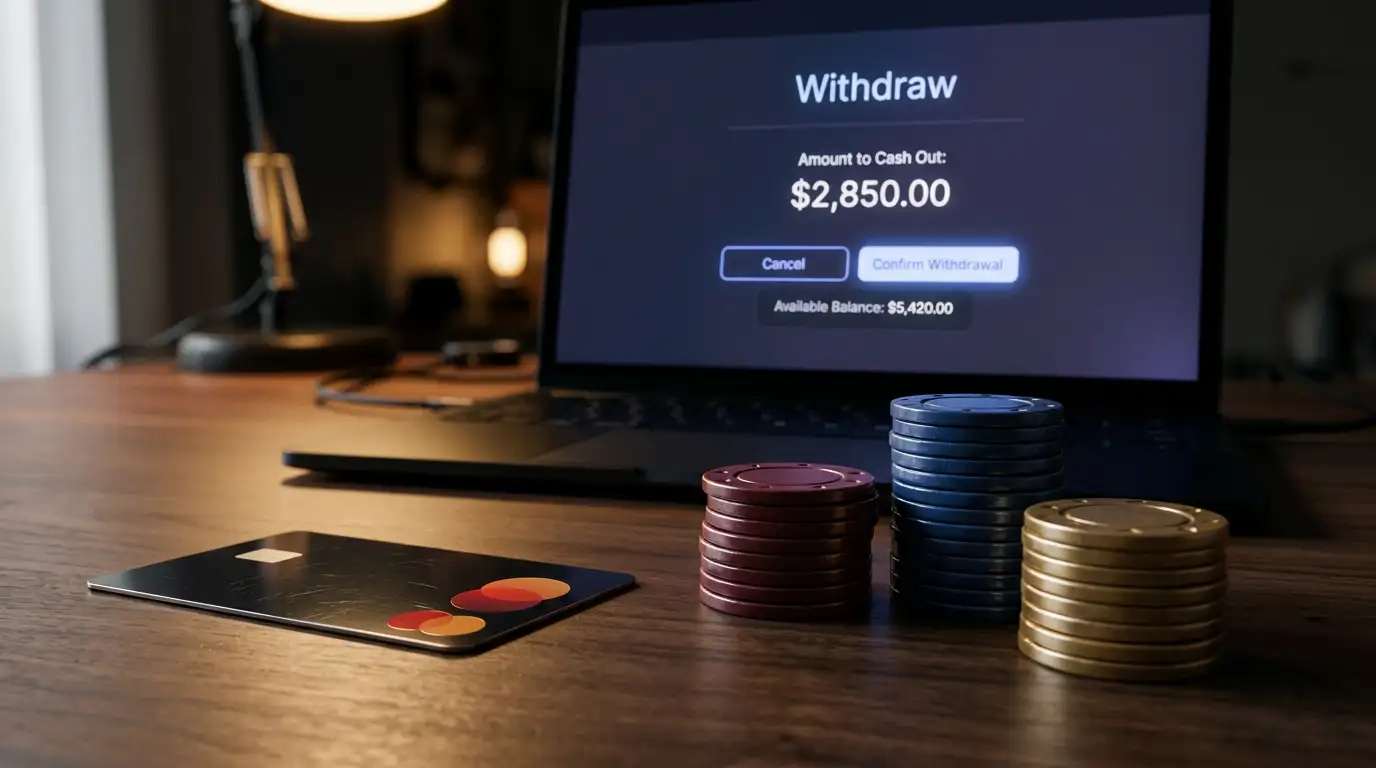 Mastercard debit card placed on a dark surface beside casino chips and a laptop showing an online casino cashier page