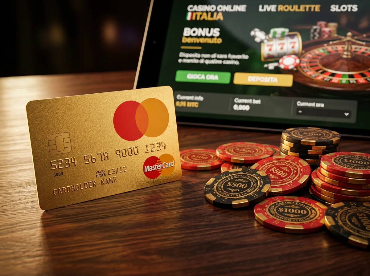 Carta MasterCard su un tavolo da gioco con fiches e luce soffusa che evoca l'atmosfera di un casino online