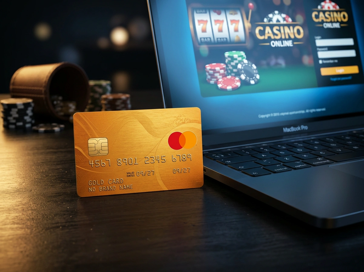 Placilna kartica MasterCard poleg prenosnega racunalnika z odprtim zaslonom spletne igralnice