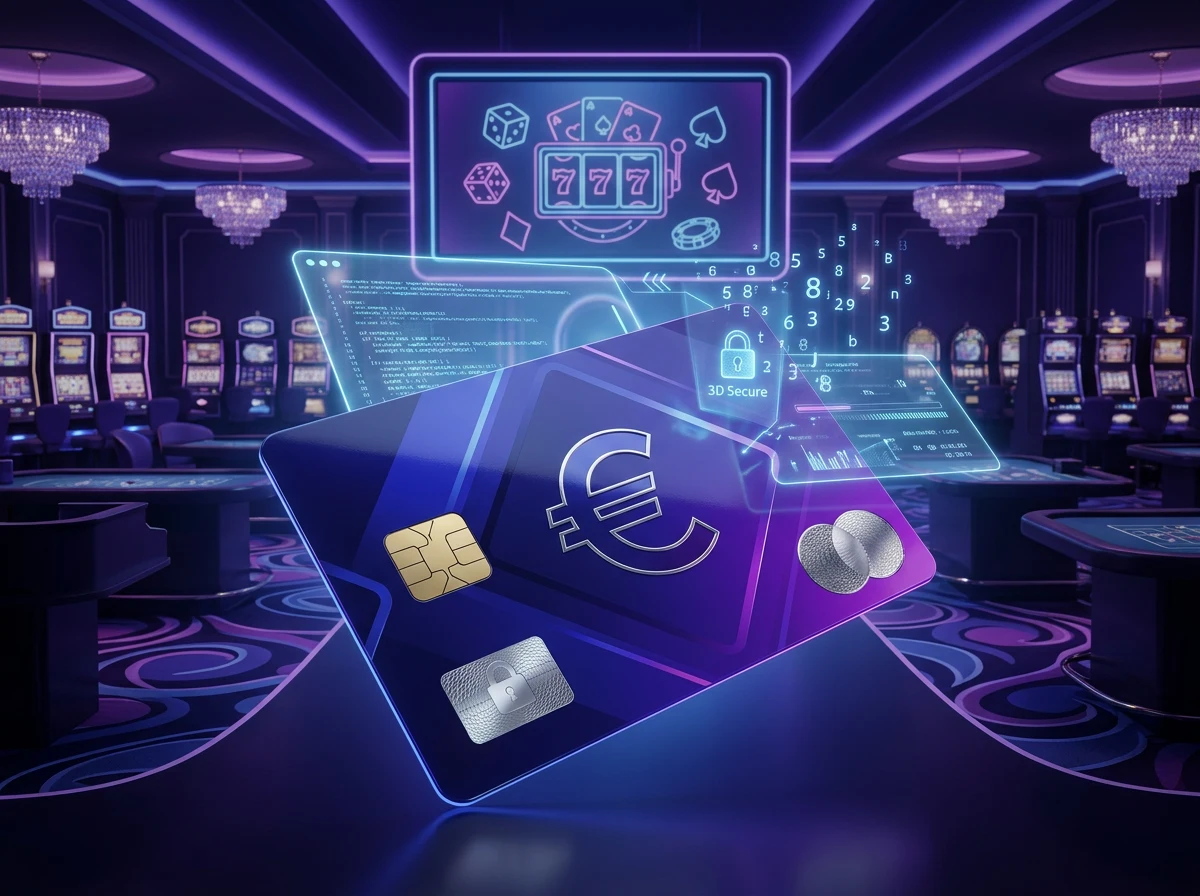 Platobna karta MasterCard s cipom na pozadi digitalneho kasinoveho rozhrania so zabezpecenymi transakciami
