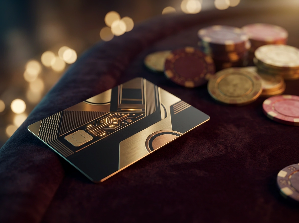 Mastercard-Kreditkarte neben einem Laptop mit geoeffnetem Online-Casino auf dem Bildschirm in stimmungsvoller Beleuchtung