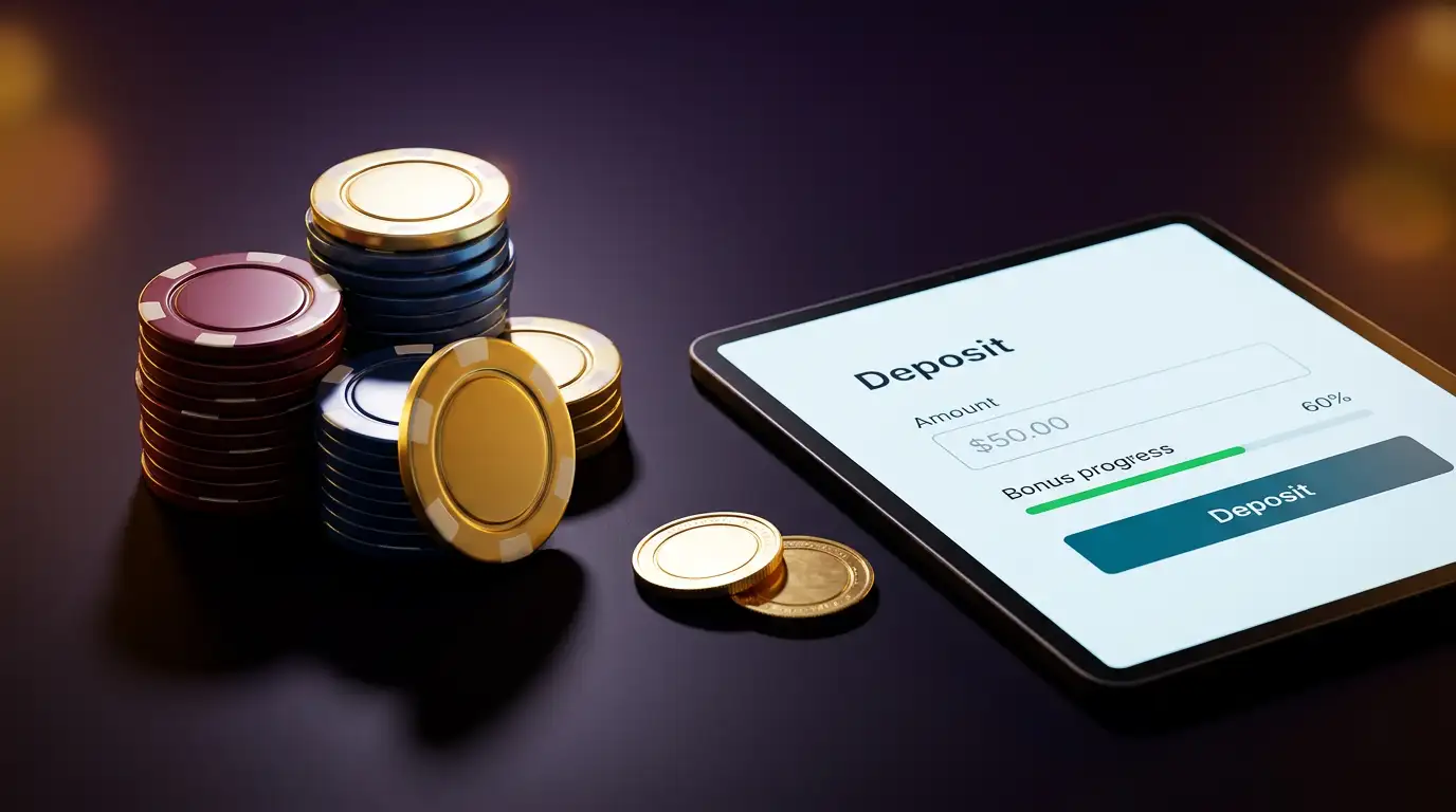 Stacked casino chips beside a glowing deposit interface on a dark surface with warm ambient lighting