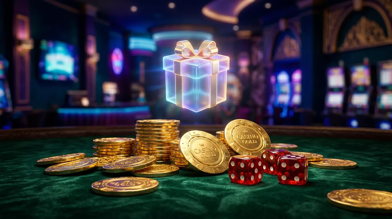 Escena de casino online con fichas doradas y dados sobre mesa de juego iluminada con luces neon