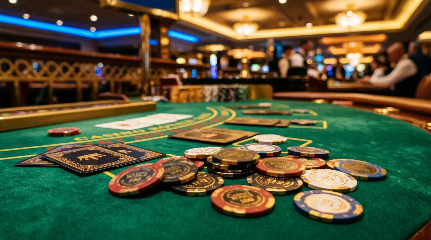 Mesa de casino iluminada con fichas y cartas sobre tapete verde bajo luces neon doradas y azules