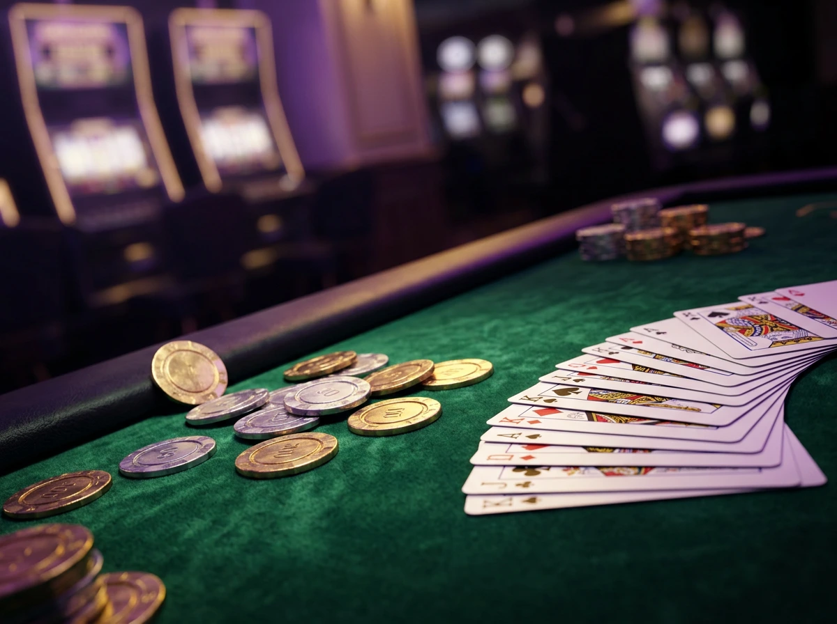 Mesa de casino com fichas douradas e cartas iluminadas por luz ambiente roxa e dourada representando os pagamentos em casinos online portugueses