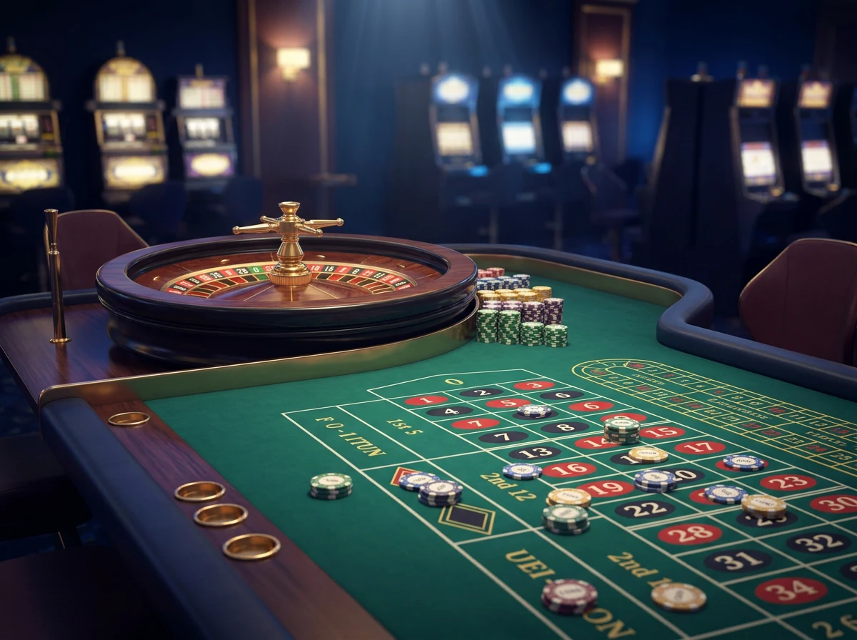 Mesa de casino com roleta e fichas em ambiente elegante representando o jogo online regulamentado em Portugal