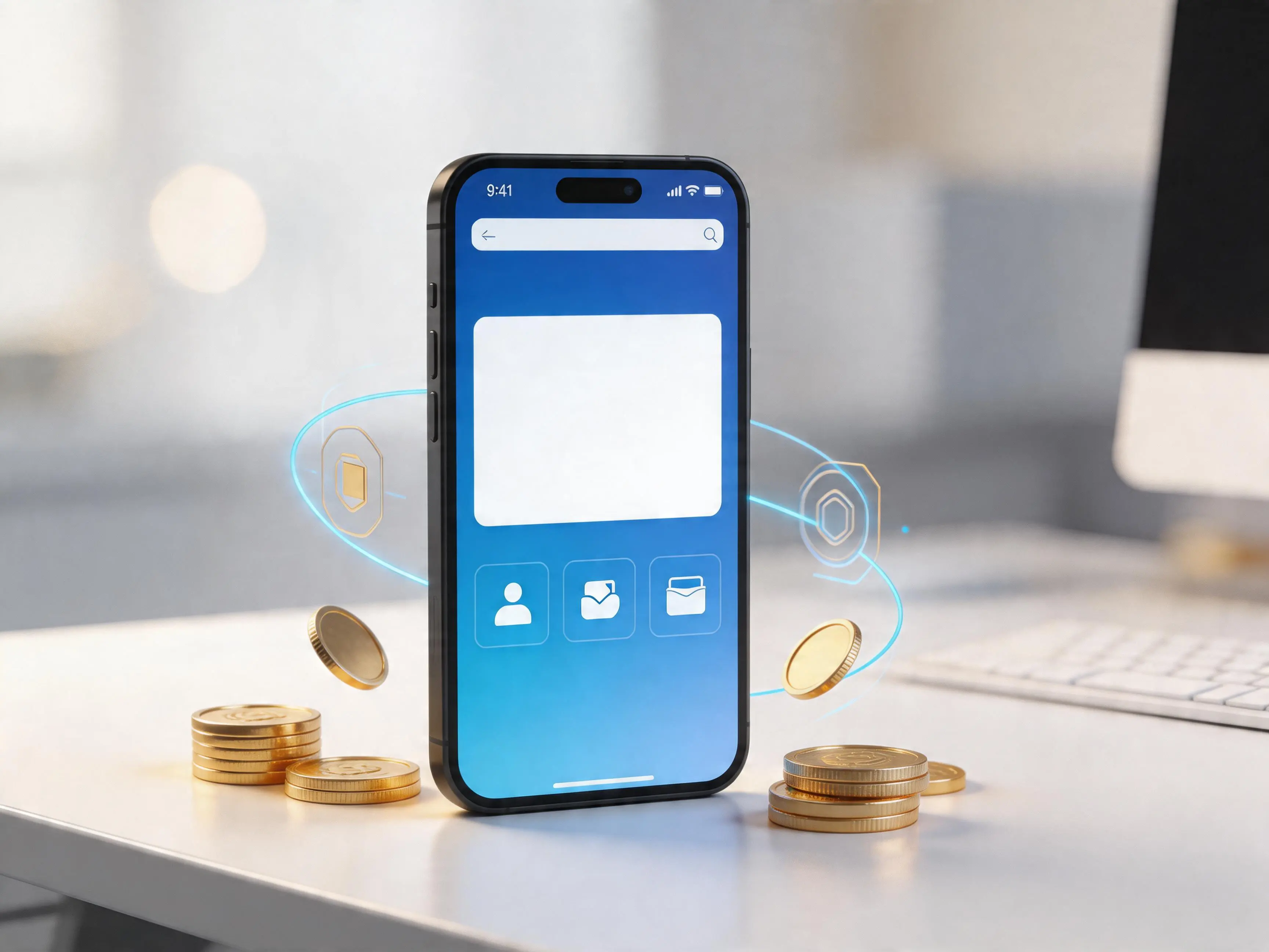 Portofel electronic PayPal si dispozitive mobile pe fundal de elemente grafice casino in nuante de albastru si auriu