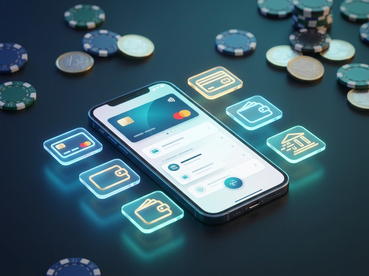 Dispositivo movel com aplicacao de pagamento junto a fichas de casino e cartoes de credito representando metodos de pagamento em casinos online portugueses
