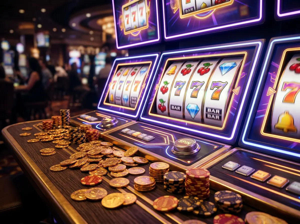 Scena con slot machine digitali, barabani in rotazione, monete d'oro e fiche da casino in atmosfera luminosa
