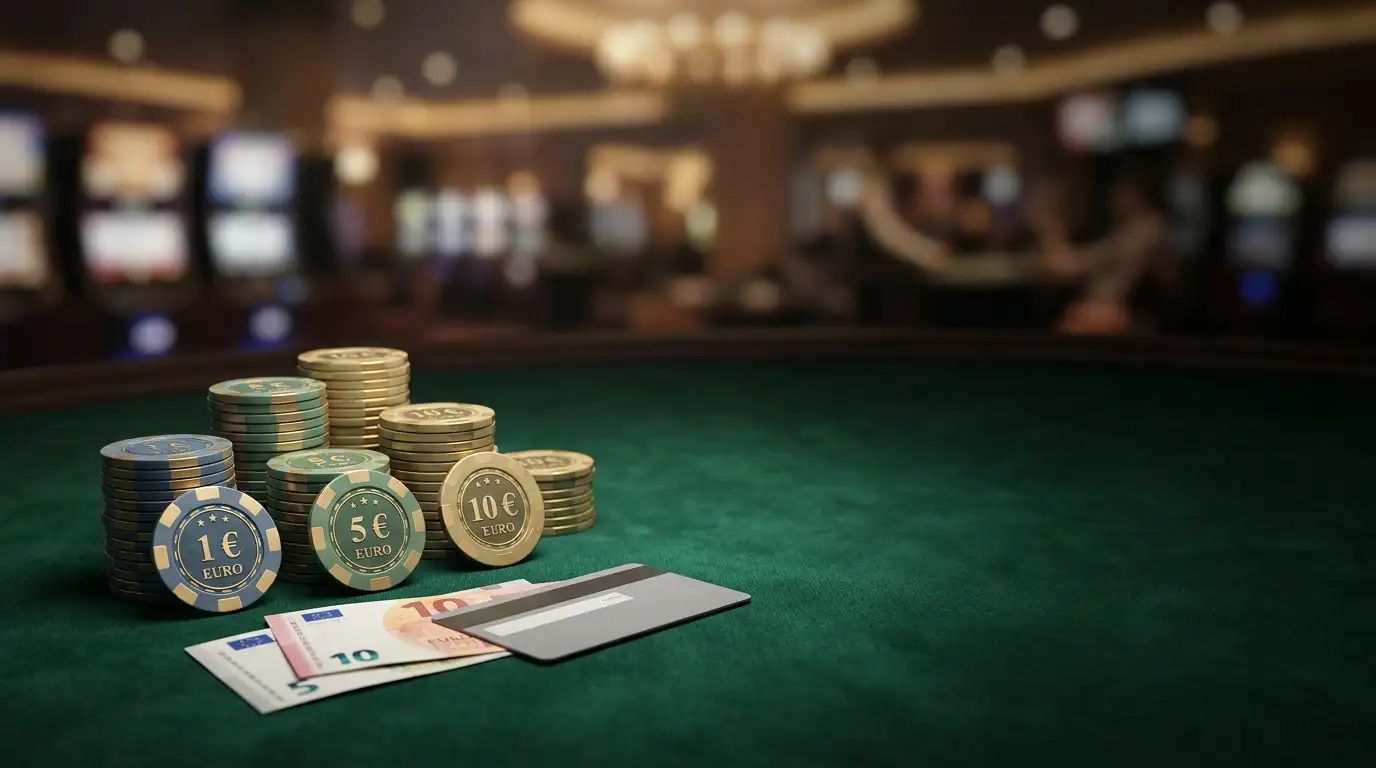 Chipstapel und Spielkarten auf einem Casinotisch mit dezenter Beleuchtung als Symbol fuer Mindesteinzahlung im Online Casino
