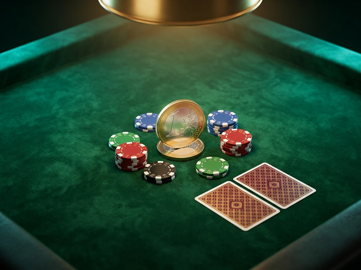 Speelfiches en kaarten op een groene casinotafel met een muntje van 1 euro op de voorgrond, als symbool voor gokken met een minimale inleg in Nederland