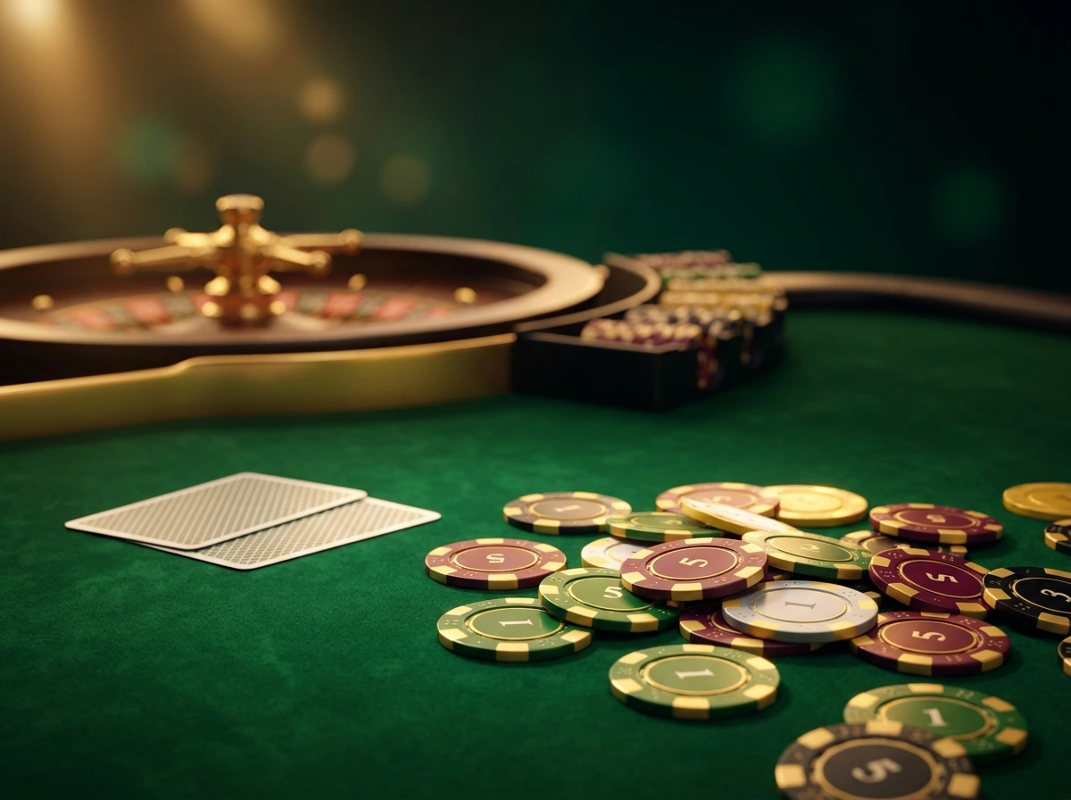 Speelfiches en kaarten op een groene casinotafel met sfeervolle verlichting