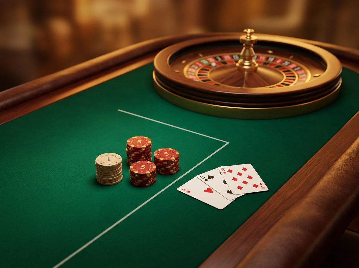 Speelfiches en kaarten op een groene casinotafel met warme sfeerverlichting