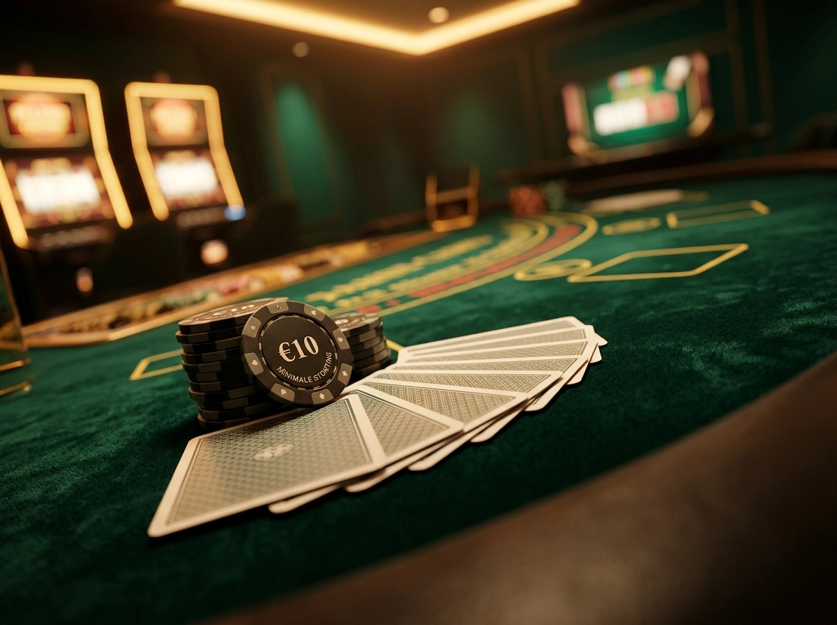 Speeltafel met fiches en kaarten in sfeervolle casinoverlichting voor een storting van tien euro