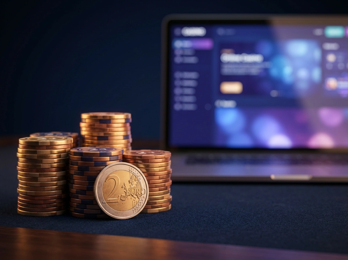 Online casino speeltafel met gestapelde fiches van twee euro en een gloeiend scherm op de achtergrond