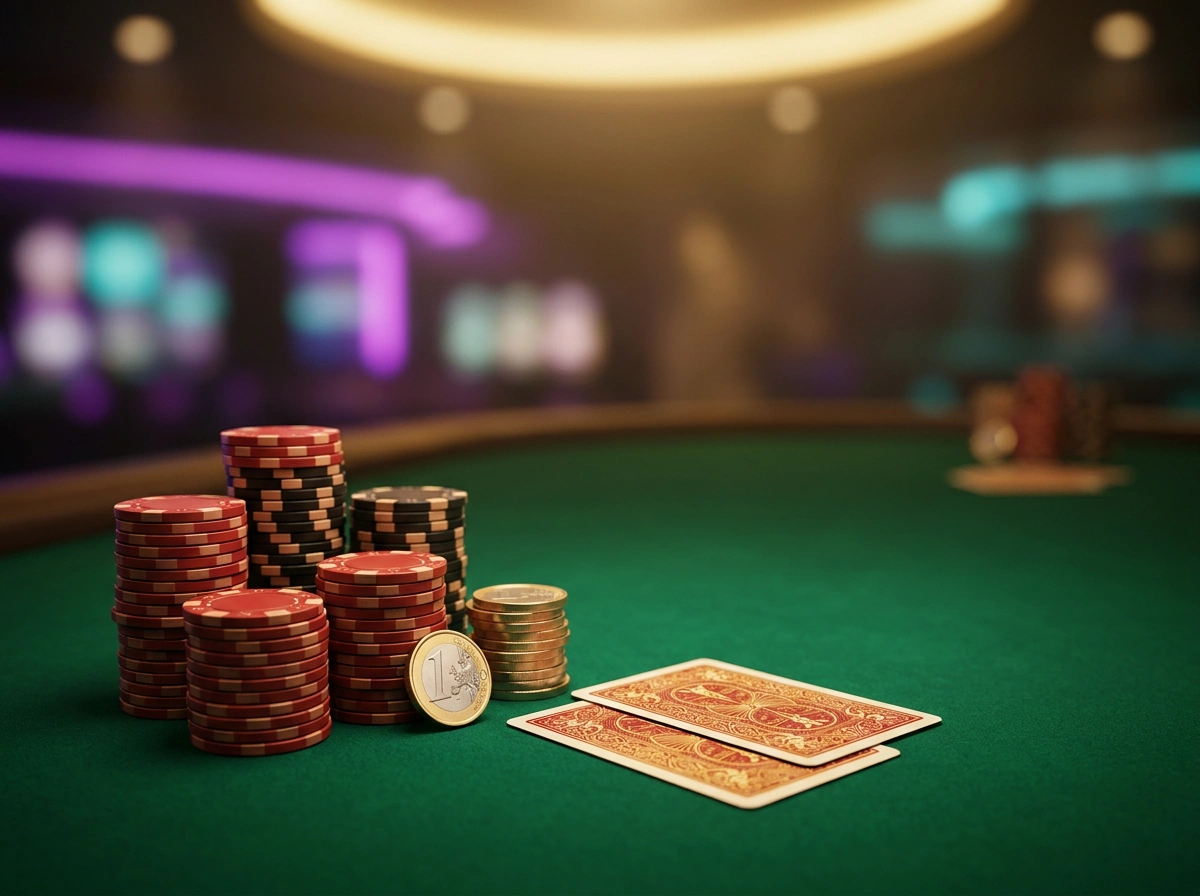 Pokertafel met fiches en kaarten in sfeervolle casinoverlichting als symbool voor online gokken met een lage instap in Nederland