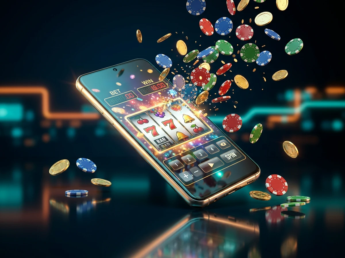 Smartphone met mobiele casino-app en gokkasten op het scherm, omringd door gouden munten en fiches