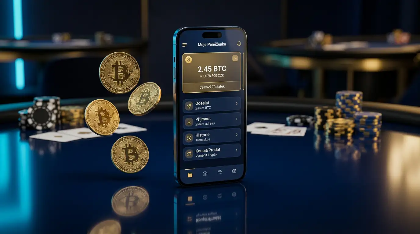 Mobilni telefon s bitcoinovou penezenkou na pozadi zlateho svetla a kasinovych zivlu