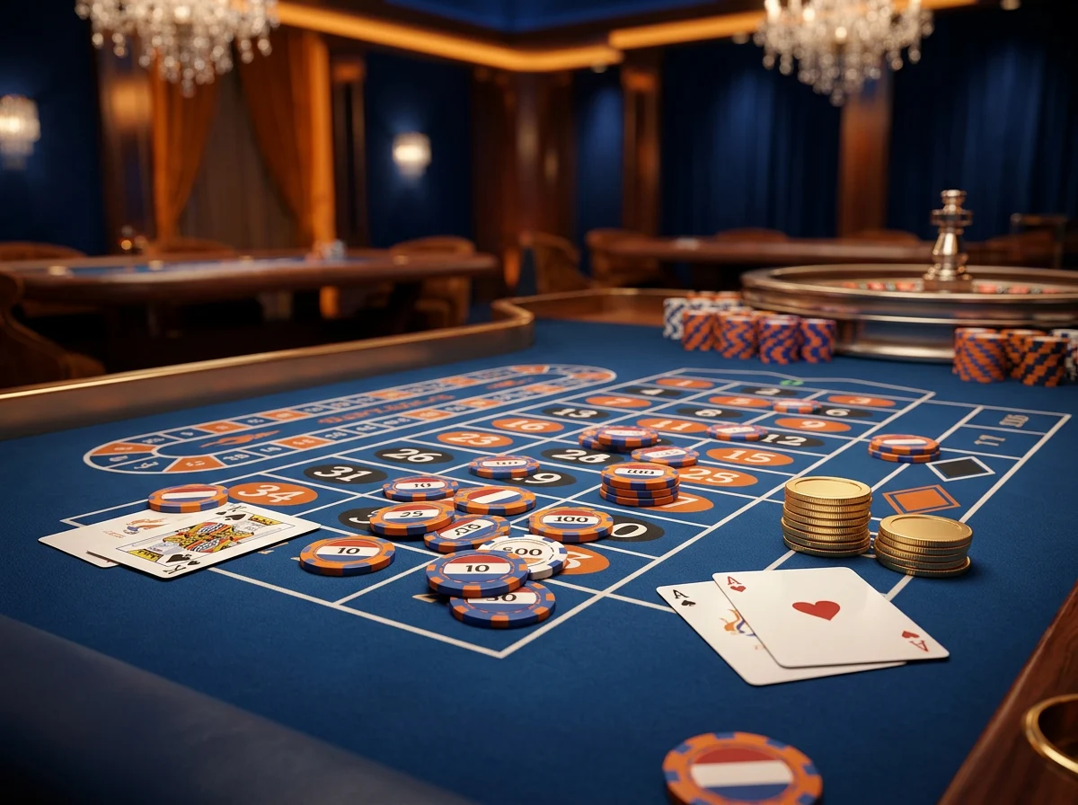 Sfeervolle speeltafel in een Nederlands online casino met fiches en kaarten in warm licht