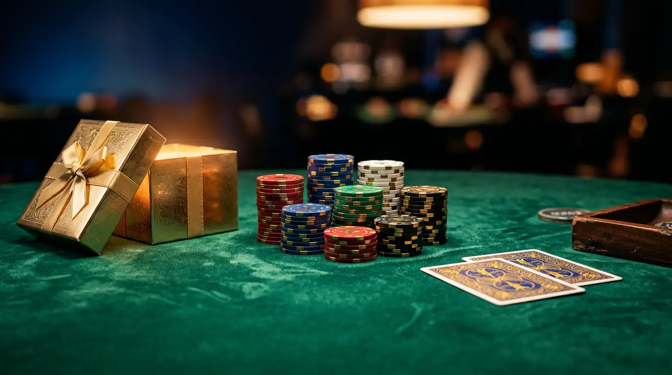 Uvitaci bonus v online kasinu - zetony a karty na hernim stole