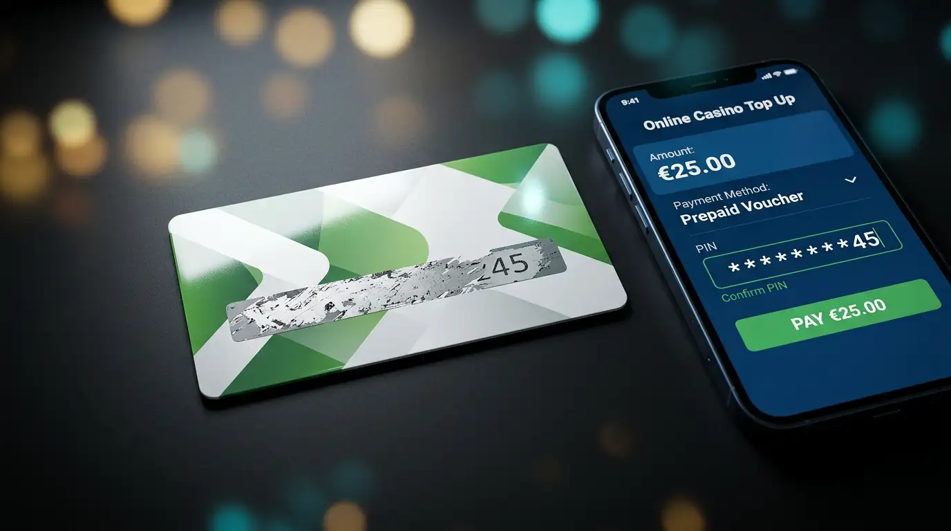 Prepaid voucher card with a scratched-off PIN area lying on a dark surface next to a smartphone showing an online casino cashier page