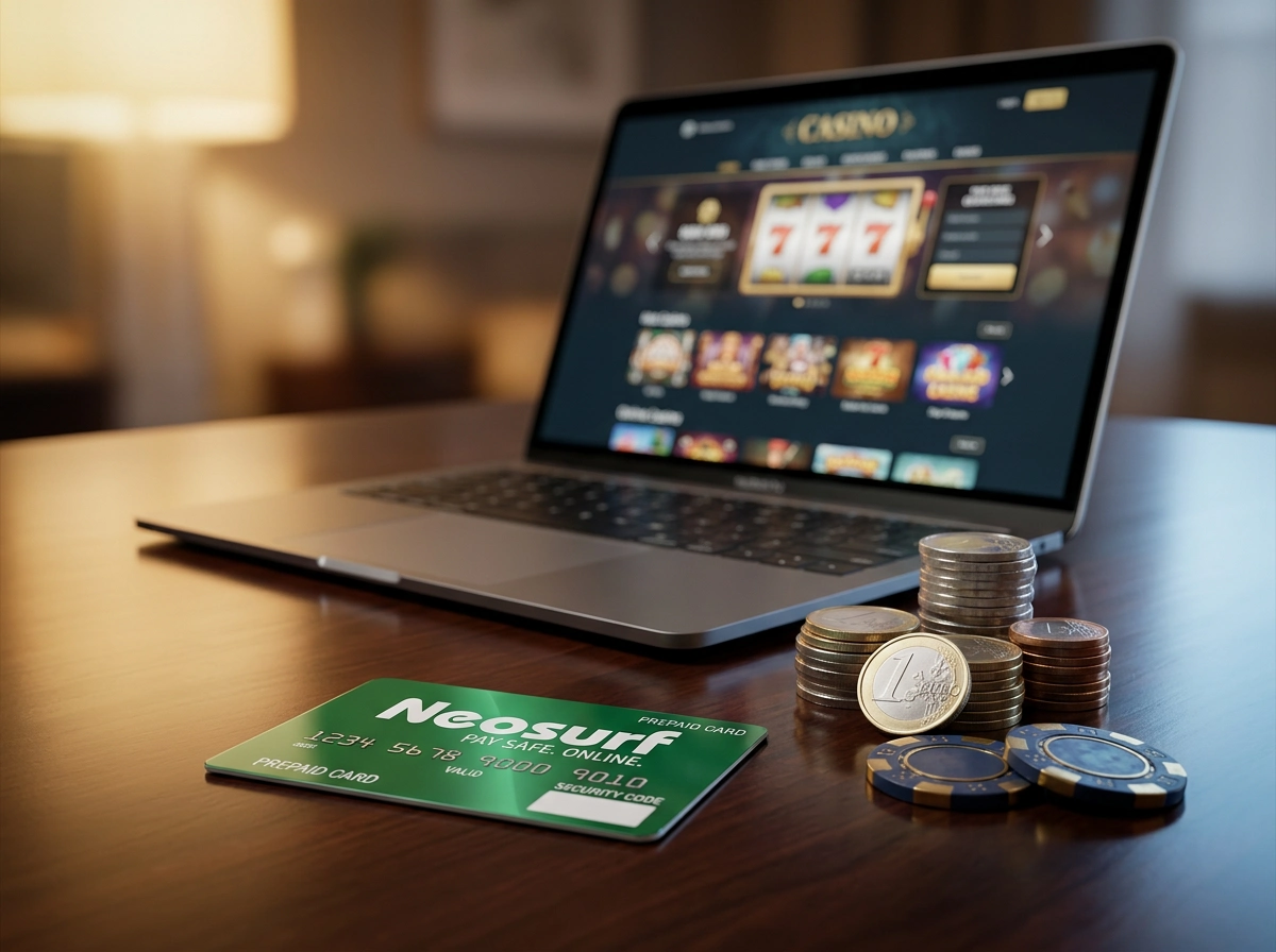Neosurf prepaid voucher naast een laptopscherm met een online casino-interface in een Nederlandse setting