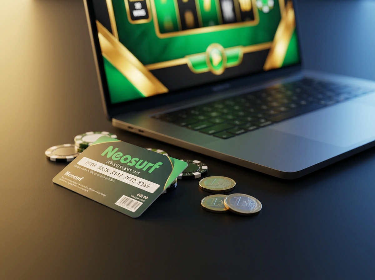 Neosurf Prepaid-Karte neben einem Laptop mit geoeffneter Online-Casino-Seite auf einem Schreibtisch