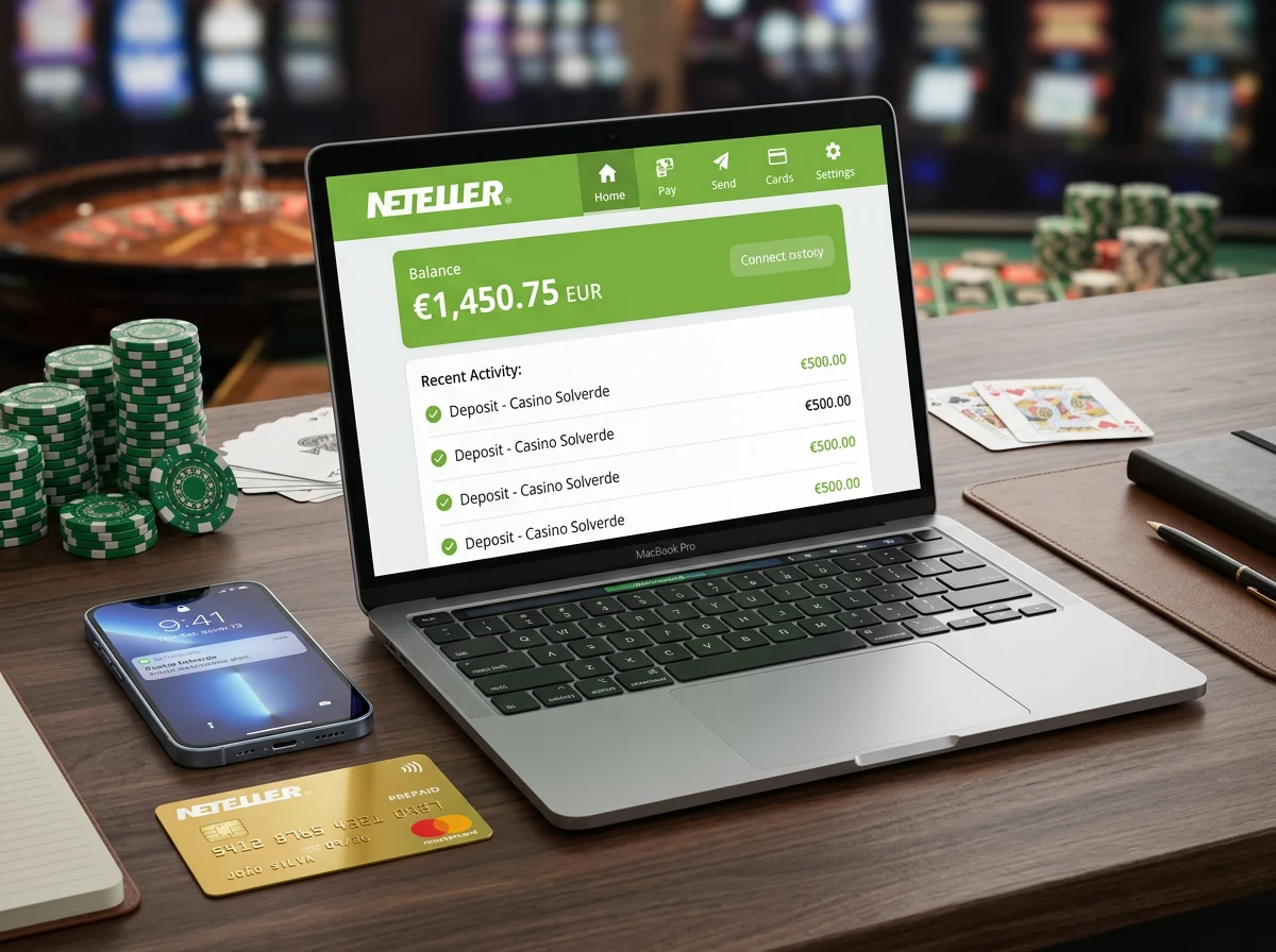 Smartphone displaying a digital wallet interface with a green balance indicator placed on a dark desk beside a laptop showing an online casino lobby