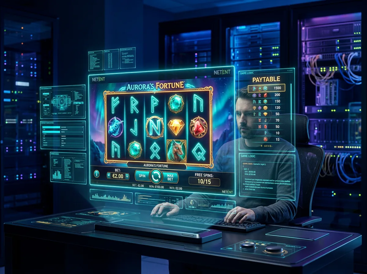Ecrans holographiques avec interfaces de jeux NetEnt dans un environnement technologique de studio iGaming