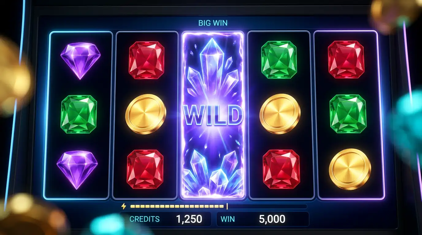 Close-up of a vibrant video slot screen displaying colorful gem symbols and expanding wilds in a dark casino atmosphere