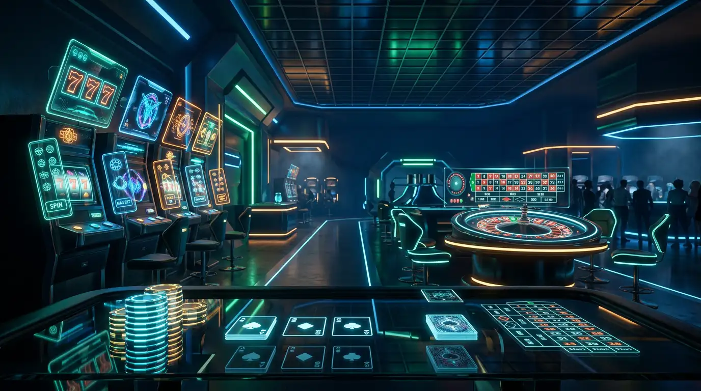 Digitale Casino-Oberflaeche mit Spielautomaten und Roulette-Tisch in neonblauer Beleuchtung