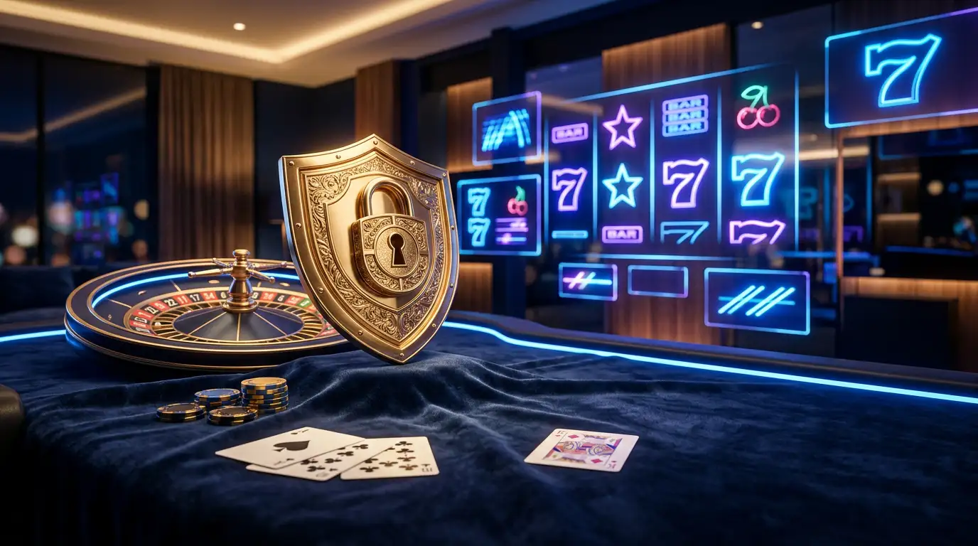 Moderne digitale Spielplattform mit Gluecksspiel-Elementen in neonblauer Beleuchtung