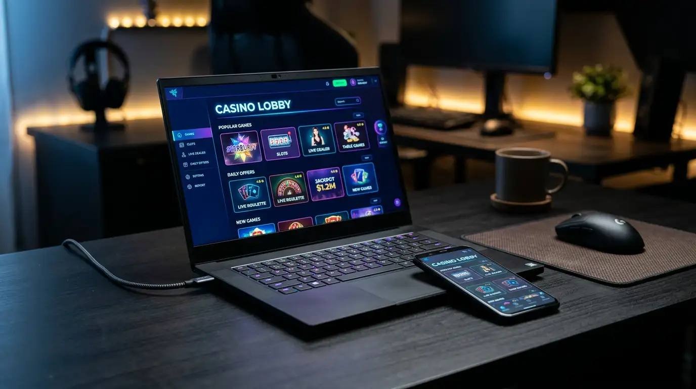 Modern laptop displaying a sleek online casino lobby interface on a dark desk with ambient lighting